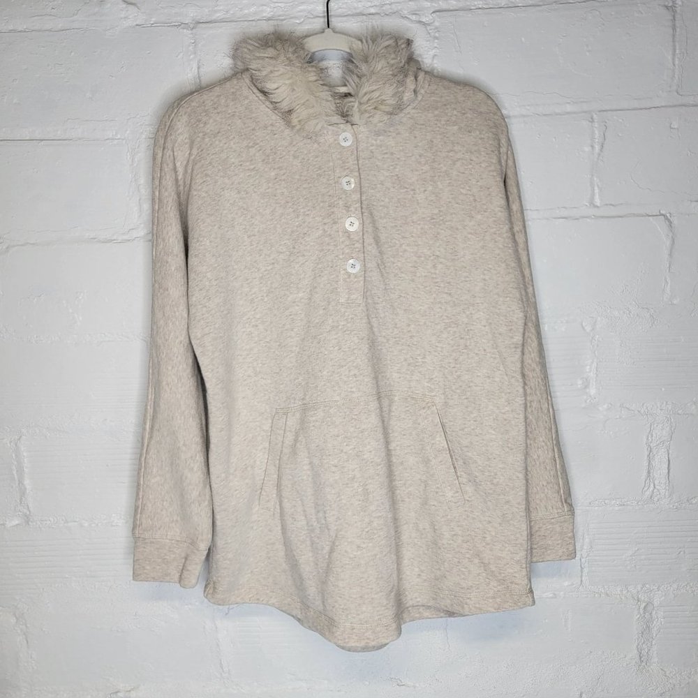 Soft Surroundings Women's Large Pullover Hoodie Sweatshirt Tan Faux Fur